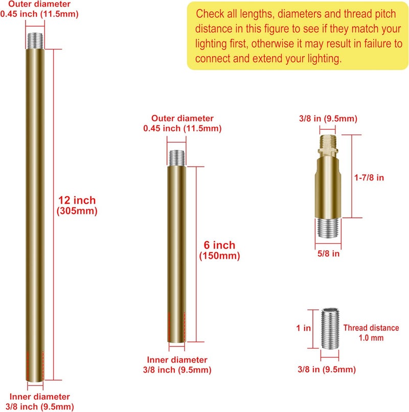MAYOMAJO 8 Pieces M10 Threaded Extension Poles Lighting Fixture Downrods Stems & 180 Degrees Sloped Ceiling Adapter Kits for Pendant Light, Island Lighting, Chandeliers (Brass) - Image 2
